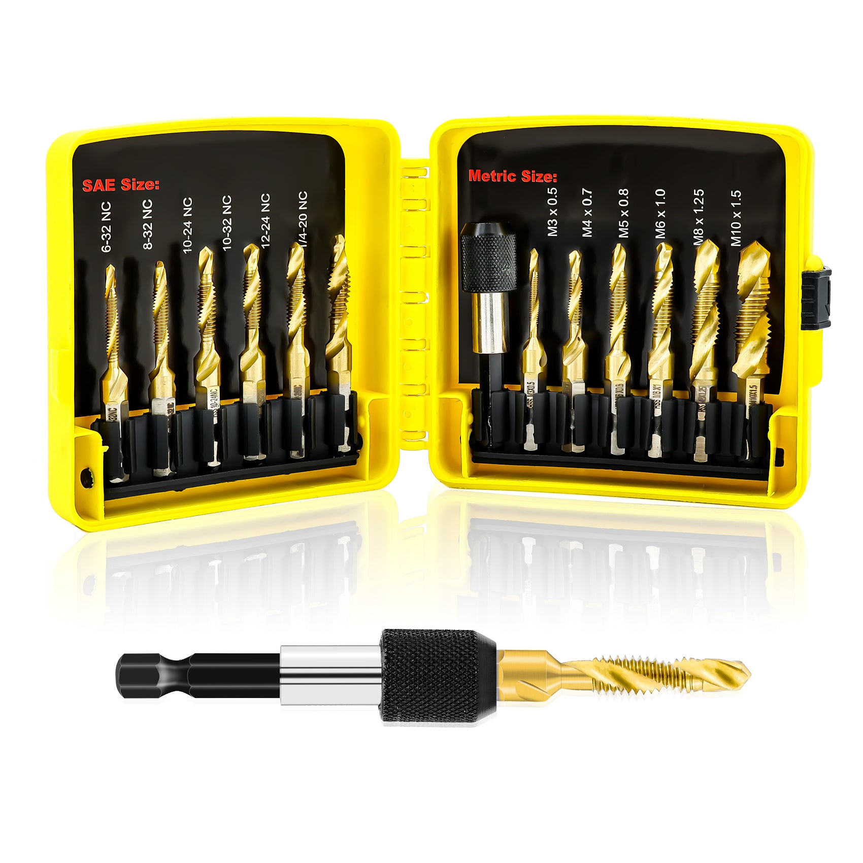 FOCSTOL Kombi Gewindebohrer Set - Titan Kombinationsbohrer Gewindebohrer Set zum Bohren Gewindeschneiden und Senken Eisen Aluminium Kupfer Metall 13 Stück (6-32NC bis 1/4-20NC und M3 bis M10)