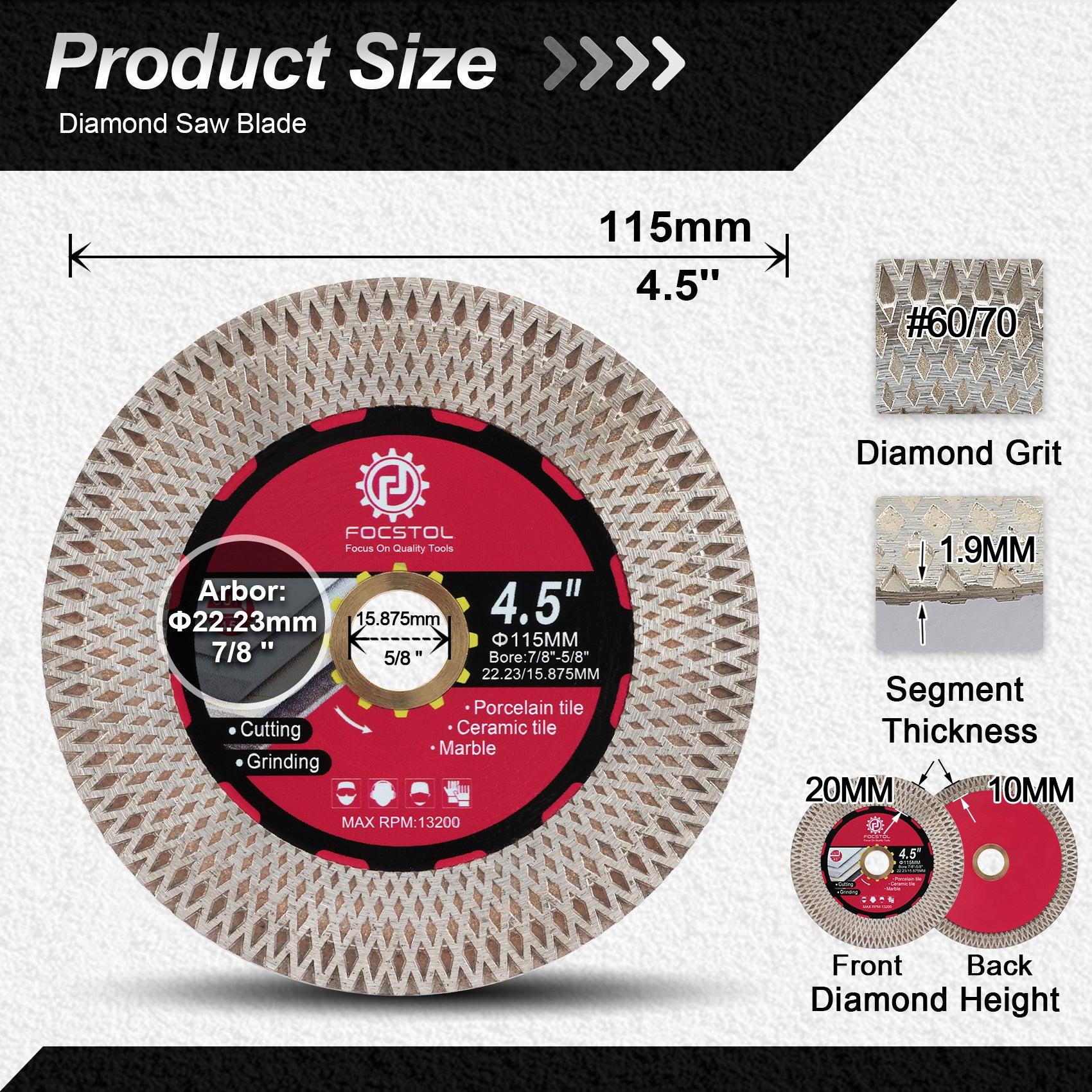 FOCSTOL Disco Diamantato per Piastrelle - 115mm x 22,23mm Doppio Lato Taglio Macinazione Lama Diamantata per Porcellanato Ceramica Marmo Granito Pietra Artificiale