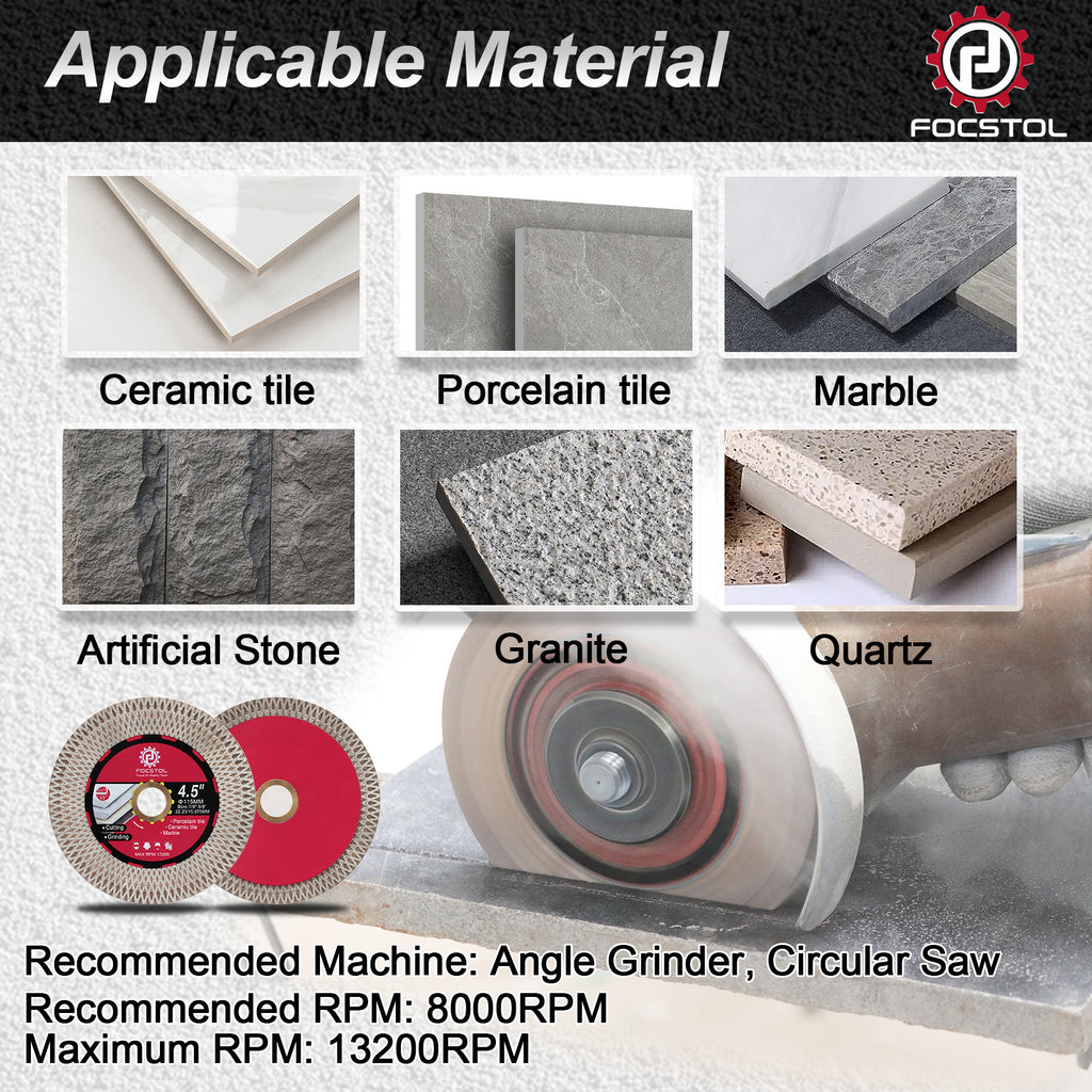 FOCSTOL Disco Diamantato per Piastrelle - 115mm x 22,23mm Doppio Lato Taglio Macinazione Lama Diamantata per Porcellanato Ceramica Marmo Granito Pietra Artificiale