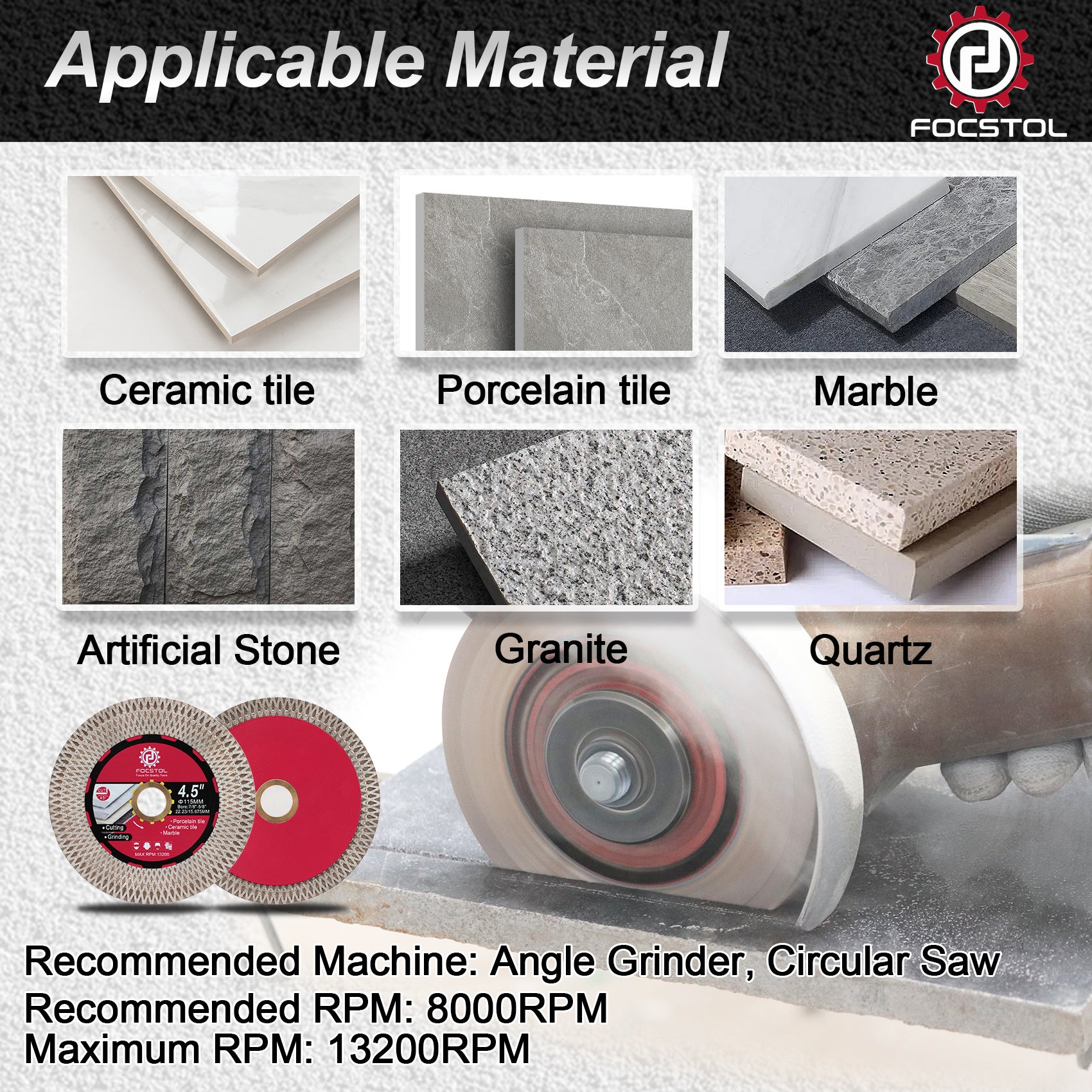 FOCSTOL Disco Diamantato per Piastrelle - 115mm x 22,23mm Doppio Lato Taglio Macinazione Lama Diamantata per Porcellanato Ceramica Marmo Granito Pietra Artificiale